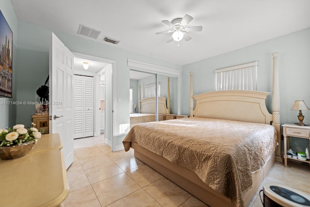 bedroom featuring a closet, ceiling fan, and light tile patterned flooring