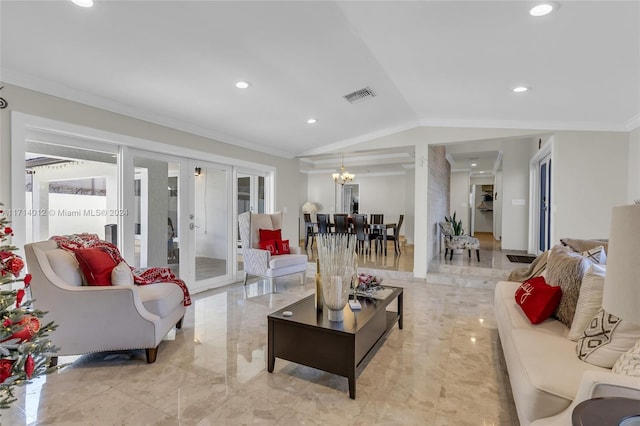 living area with visible vents, marble finish floor, vaulted ceiling, crown molding, and french doors