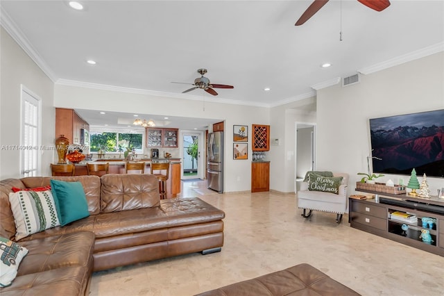 living room featuring visible vents, recessed lighting, a ceiling fan, and crown molding