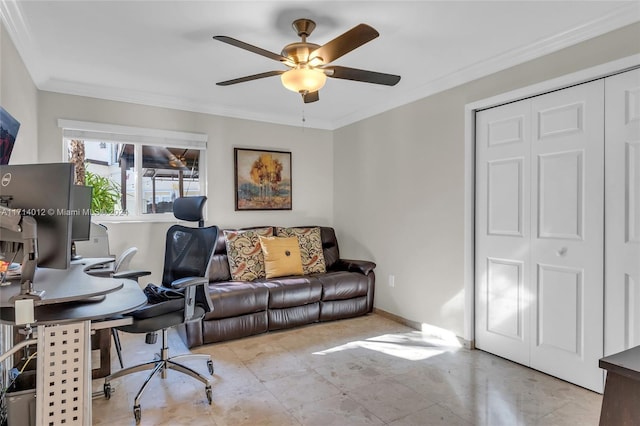 office featuring ornamental molding, a ceiling fan, and baseboards