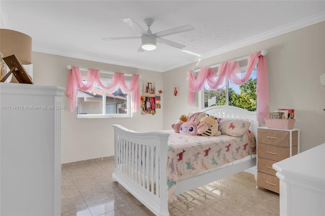 bedroom featuring baseboards, a ceiling fan, crown molding, and light tile patterned flooring