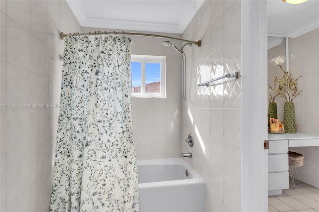 bathroom with shower / bath combo, tile walls, crown molding, and tile patterned floors