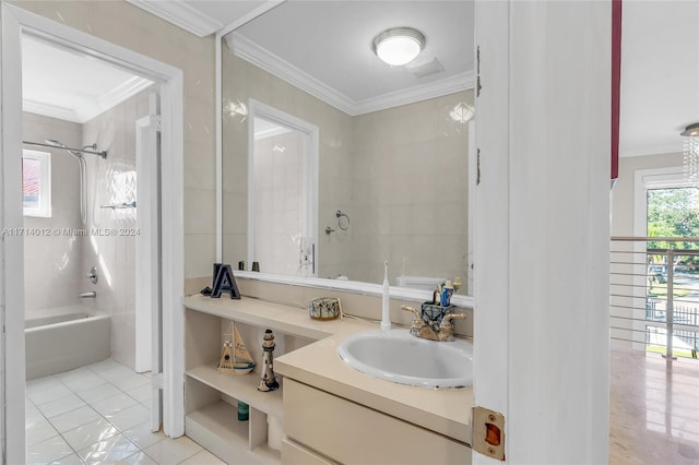 bathroom with tile patterned floors, shower / tub combination, vanity, and crown molding