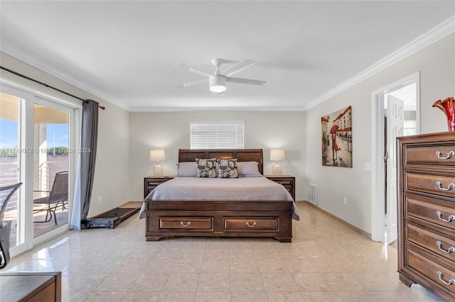 bedroom featuring access to exterior, visible vents, ornamental molding, a ceiling fan, and baseboards