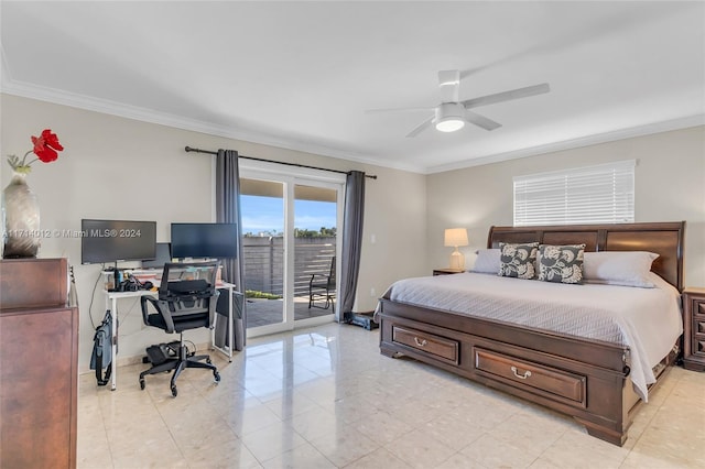 bedroom with crown molding, a ceiling fan, and access to exterior