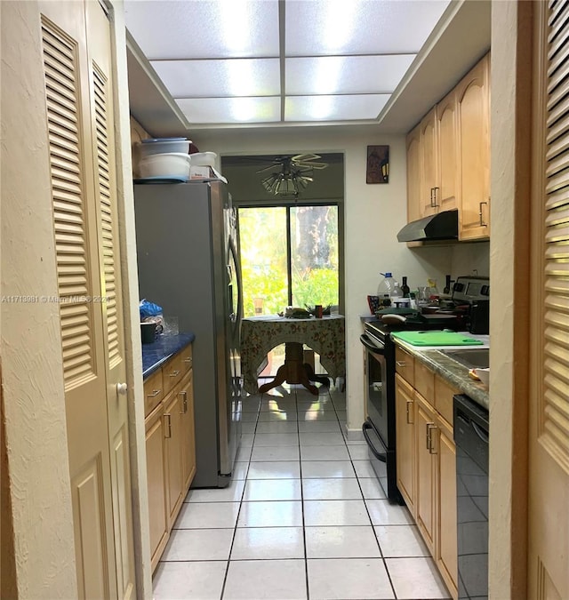 kitchen featuring black appliances, ceiling fan, light brown cabinets, and light tile patterned floors