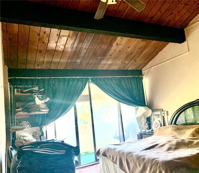 bedroom with wooden ceiling and lofted ceiling with beams