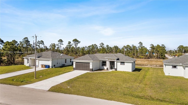 ranch-style home with a garage and a front yard