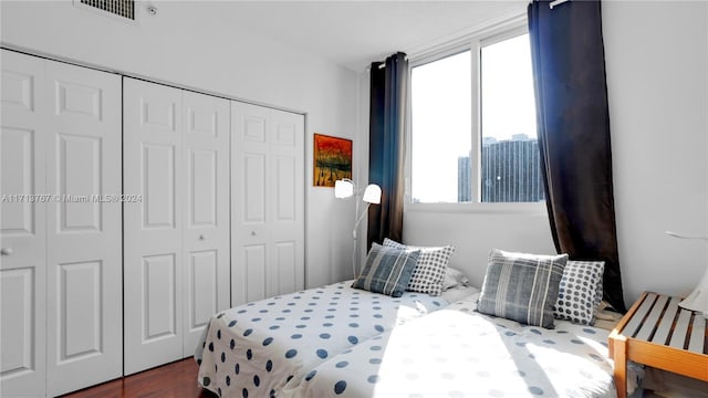 bedroom featuring multiple windows, a closet, and dark hardwood / wood-style floors