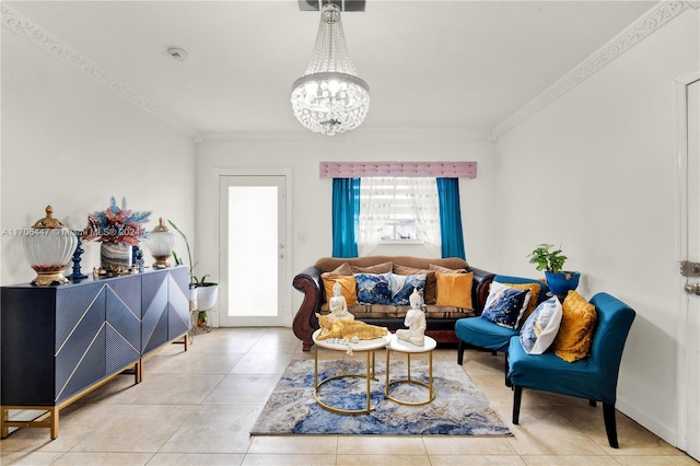 tiled living room with crown molding and a notable chandelier