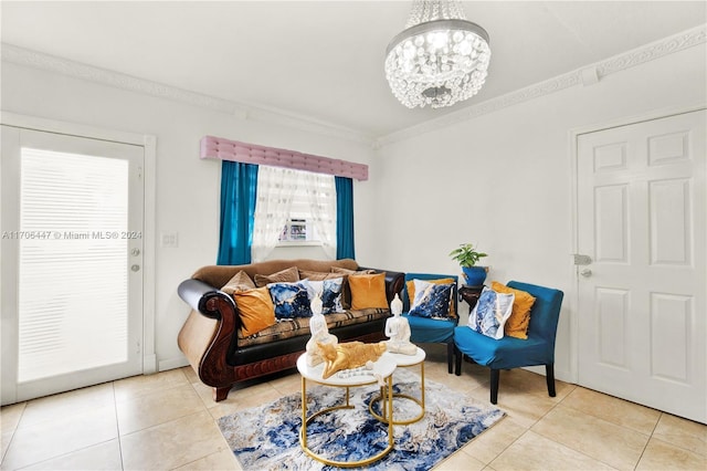 tiled living room with ornamental molding and a notable chandelier