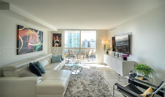 living room featuring floor to ceiling windows and light wood-type flooring