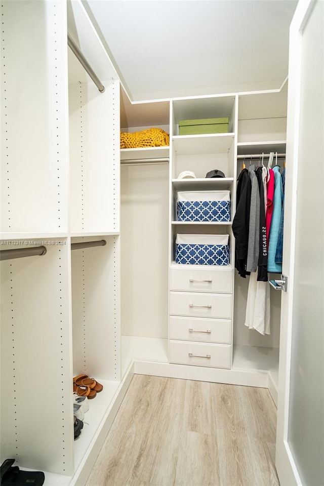 walk in closet with light hardwood / wood-style flooring