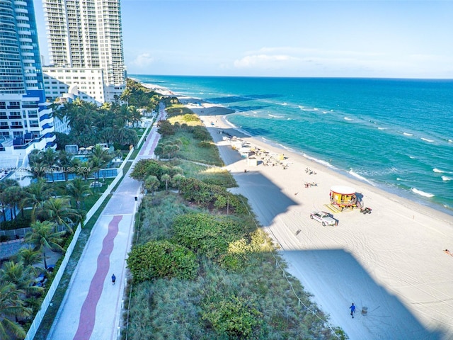 bird's eye view featuring a beach view and a water view