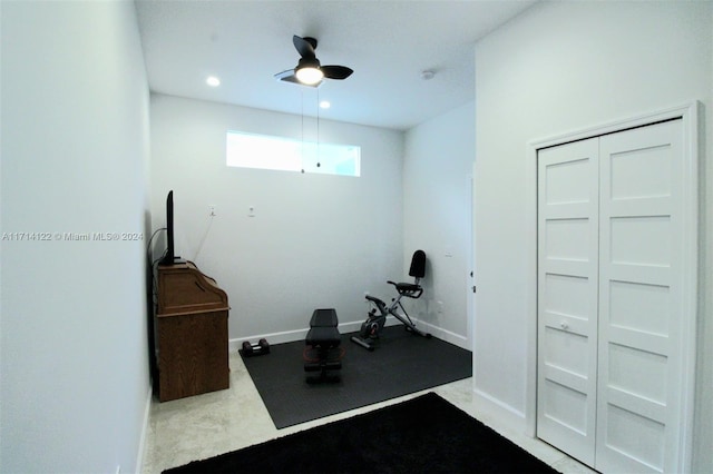 workout room featuring ceiling fan