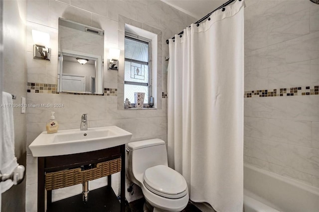 full bathroom with decorative backsplash, vanity, shower / bathtub combination with curtain, tile walls, and toilet