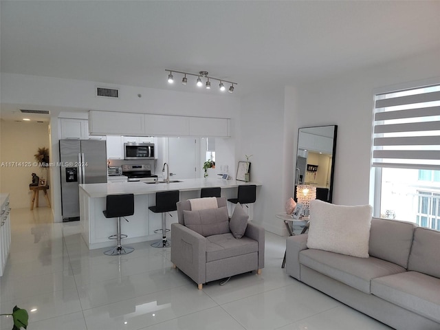 tiled living room featuring sink