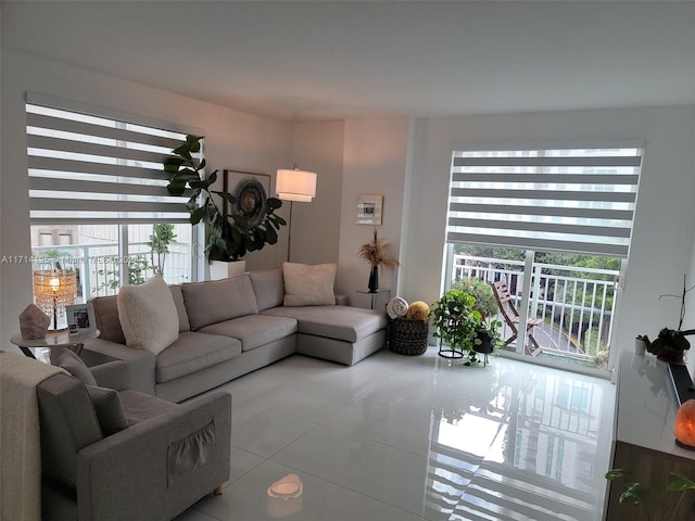 living room featuring light tile patterned flooring