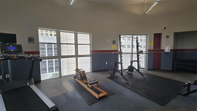 workout area featuring a high ceiling