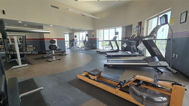 exercise room with a towering ceiling