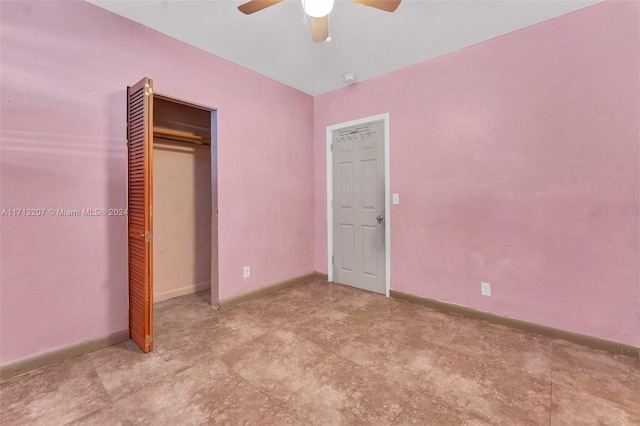 unfurnished bedroom with a closet and ceiling fan