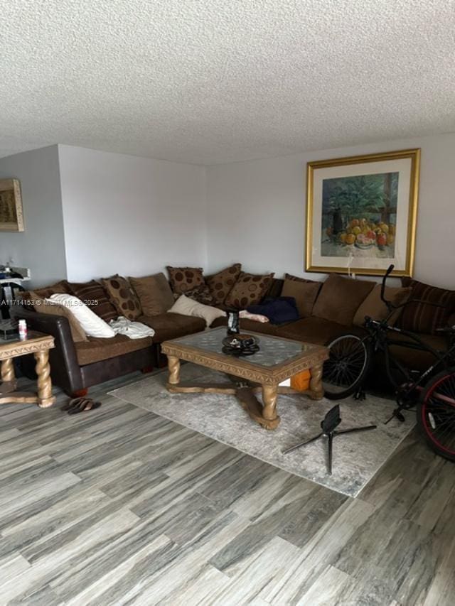 living area featuring a textured ceiling and wood finished floors