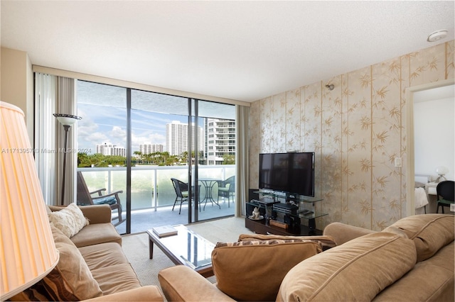 living room with carpet flooring and floor to ceiling windows