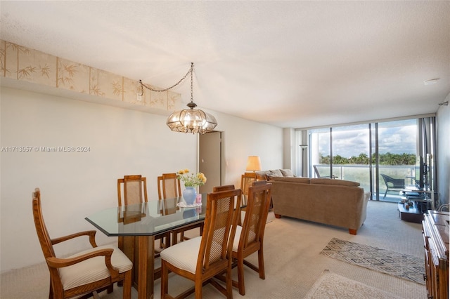 carpeted dining area with expansive windows and an inviting chandelier