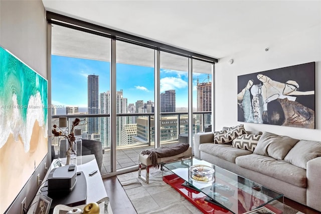 living room with a wall of windows