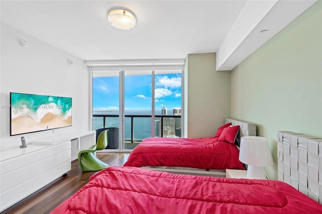 bedroom with access to exterior, radiator heating unit, dark wood-type flooring, and a wall of windows