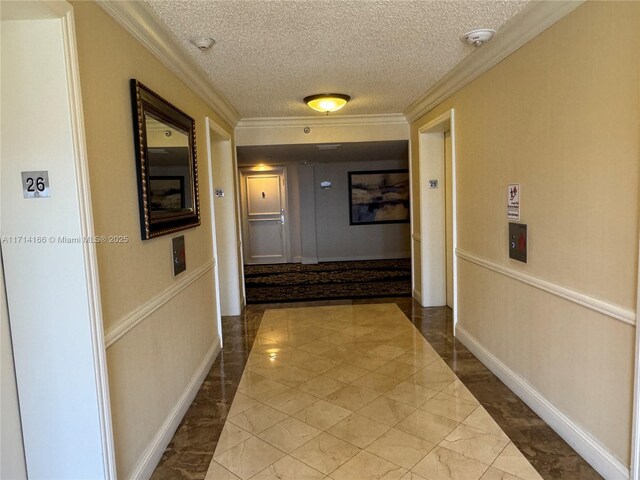 3530 Mystic Pointe Dr Unit 2602, Aventura, FL 33180 - corridor with a textured ceiling, crown molding, and marble finish flooring