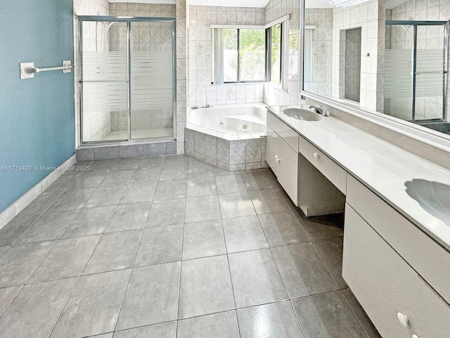 bathroom with vanity, tile patterned flooring, and separate shower and tub