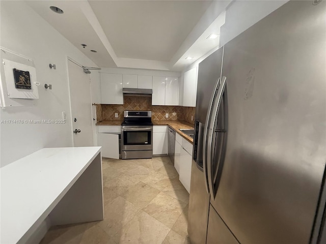 kitchen featuring tasteful backsplash, stainless steel appliances, a raised ceiling, and white cabinets