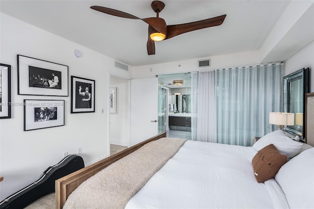 bedroom with ensuite bathroom and ceiling fan