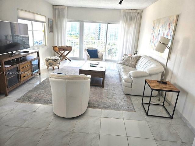 living room featuring a textured ceiling