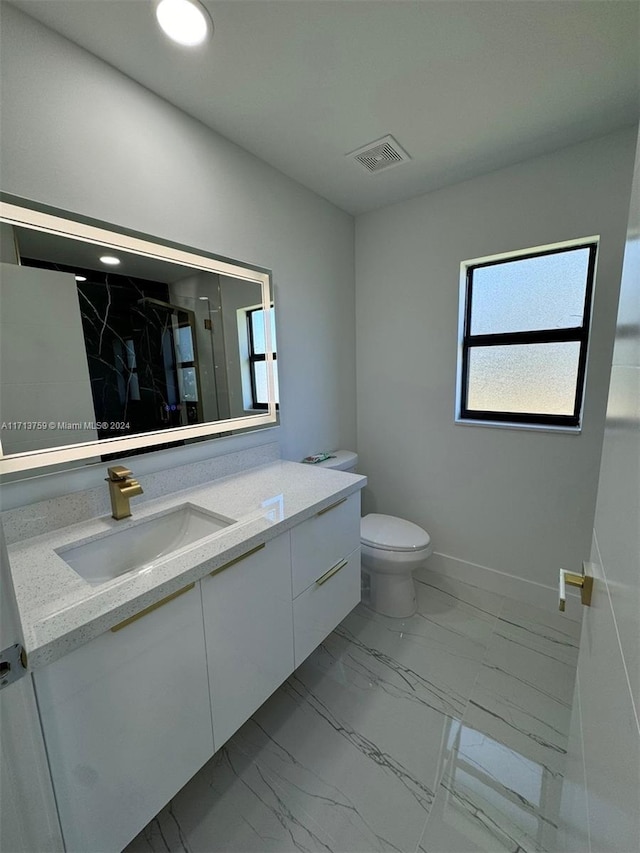 bathroom with vanity, toilet, and walk in shower