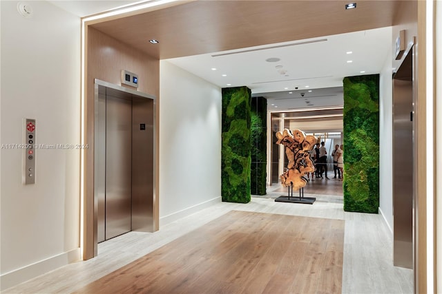 hall featuring elevator and light hardwood / wood-style floors