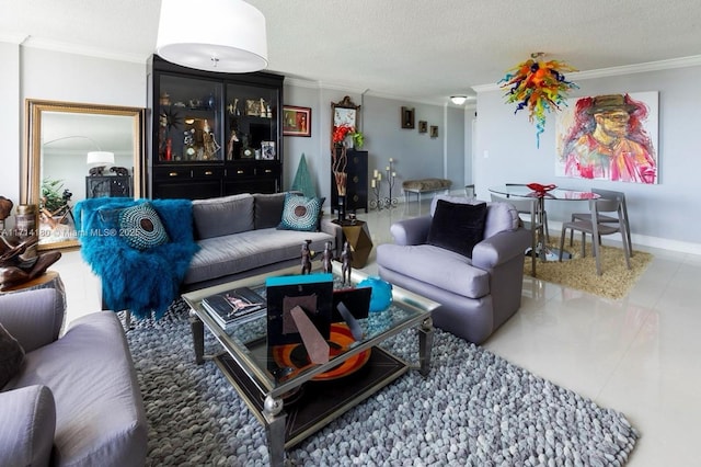 tiled living room featuring ornamental molding, a textured ceiling, and baseboards