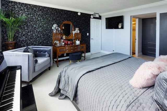 bedroom with wallpapered walls, a textured ceiling, baseboards, and crown molding