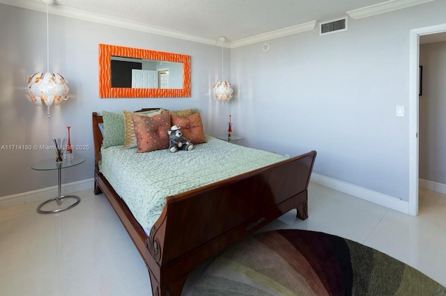 bedroom featuring light tile patterned floors, visible vents, and crown molding