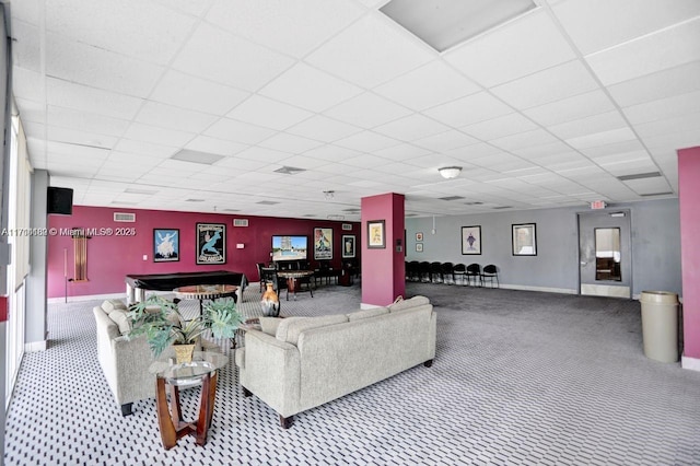 carpeted living area featuring a paneled ceiling, billiards, visible vents, and baseboards