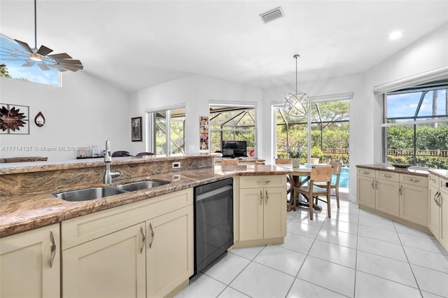 821 E Cypress Pointe Dr E, Pembroke Pines, FL 33027 - kitchen with dishwasher, light tile patterned floors, hanging light fixtures, light stone countertops, and recessed lighting