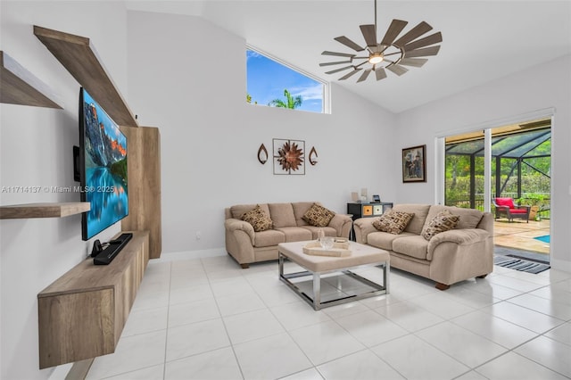 821 E Cypress Pointe Dr E, Pembroke Pines, FL 33027 - living room with a ceiling fan, light tile patterned flooring, and high vaulted ceiling
