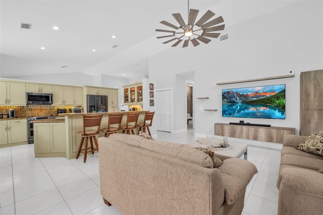 821 E Cypress Pointe Dr E, Pembroke Pines, FL 33027 - living area featuring light tile patterned floors, high vaulted ceiling, recessed lighting, and a ceiling fan