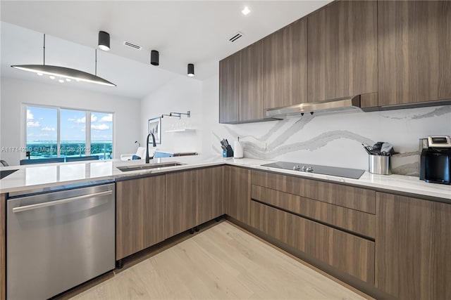 kitchen with dishwasher, ventilation hood, sink, light wood-type flooring, and black electric cooktop