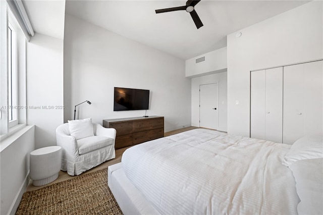 bedroom featuring ceiling fan, multiple windows, and a closet