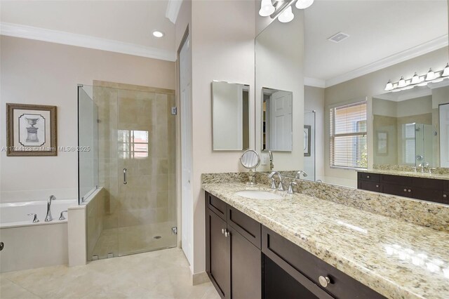 bathroom featuring separate shower and tub, crown molding, tile patterned flooring, and vanity