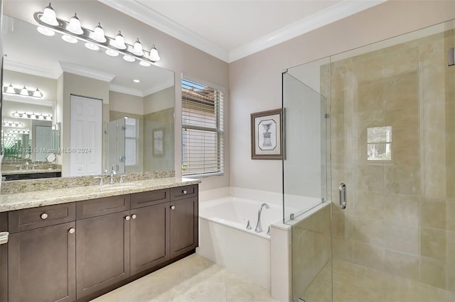 bathroom featuring tile patterned floors, vanity, ornamental molding, and shower with separate bathtub