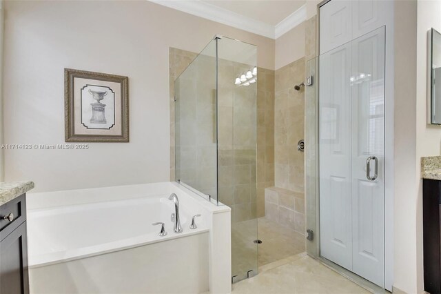 bathroom with tile patterned flooring, vanity, crown molding, and shower with separate bathtub