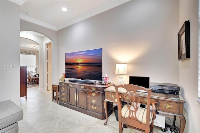 office area with light tile patterned floors and crown molding